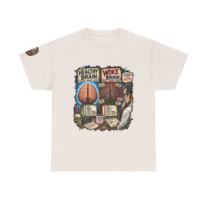 Woke Brain – Political Satire Graphic T-Shirt | Front Print + Sleeve Logo