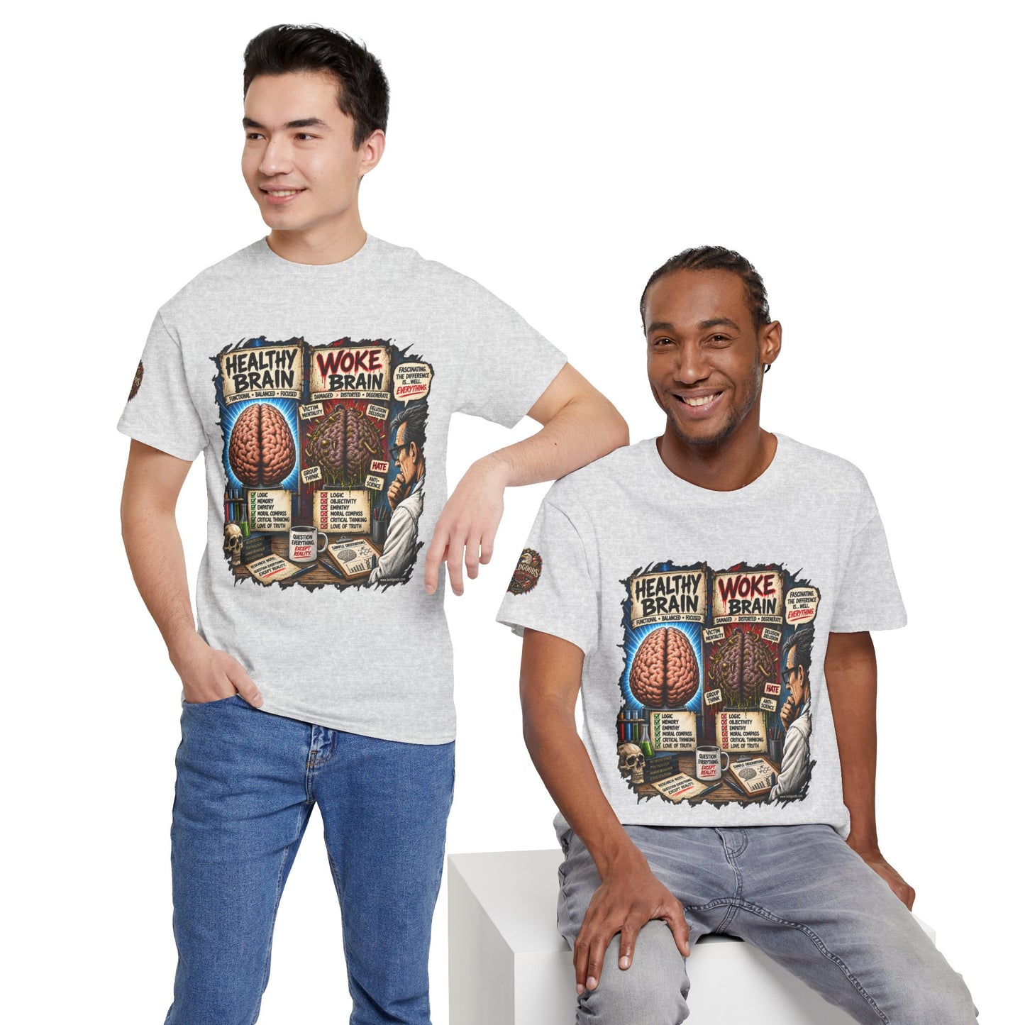 Woke Brain – Political Satire Graphic T-Shirt | Front Print + Sleeve Logo