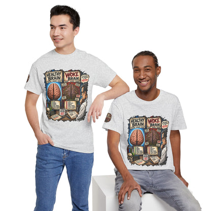 Woke Brain – Political Satire Graphic T-Shirt | Front Print + Sleeve Logo