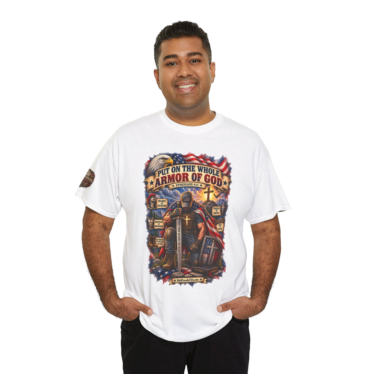 Armor of God – Christian Patriotic Graphic T-Shirt | Front Print + Sleeve Logo