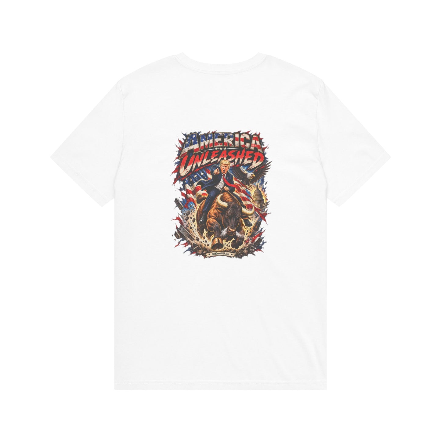 America Unleashed – Patriotic Graphic T-Shirt | Back Print + Chest Logo