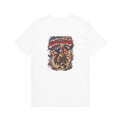 America Unleashed – Patriotic Graphic T-Shirt | Back Print + Chest Logo