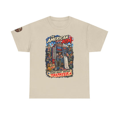 The American ATM - Political Satire Graphic T-Shirt | Front Print + Sleeve Logo