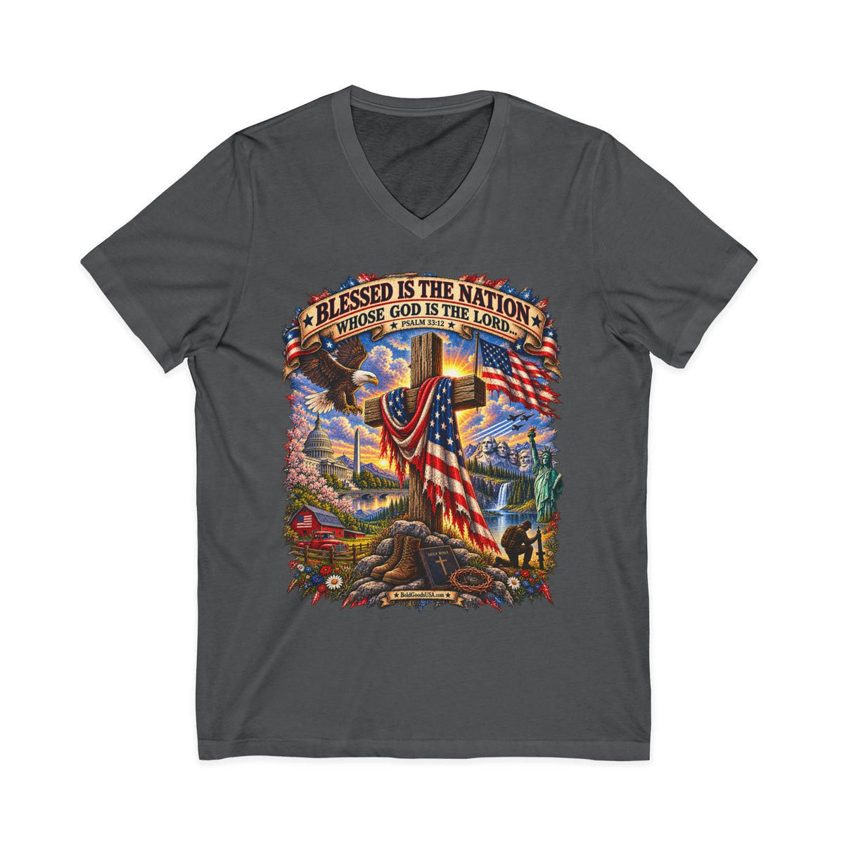 Blessed Is The Nation — Christian Patriotic V-Neck T-Shirt
