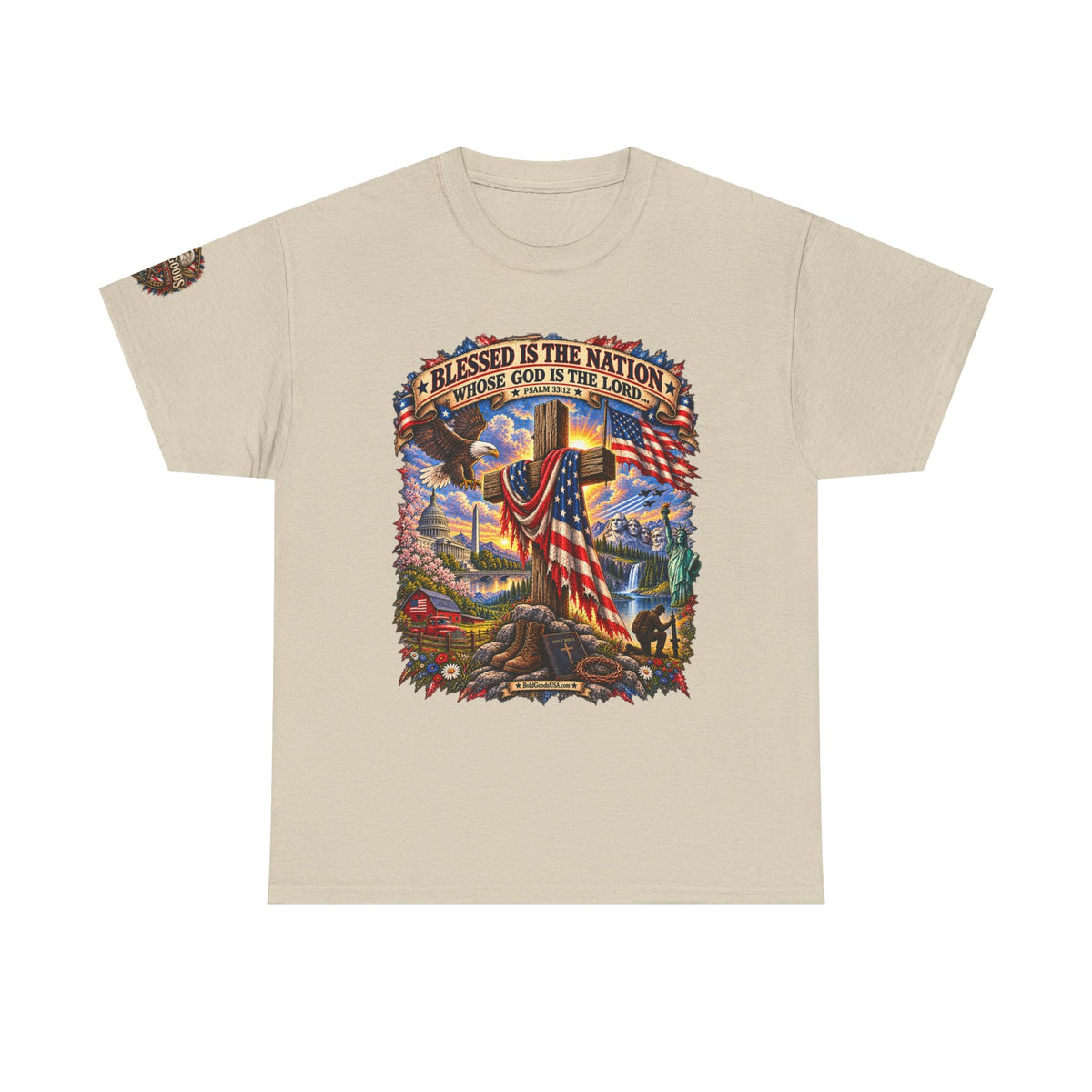 Blessed Is the Nation – Christian Patriotic Graphic T-Shirt | Front Print + Sleeve Logo
