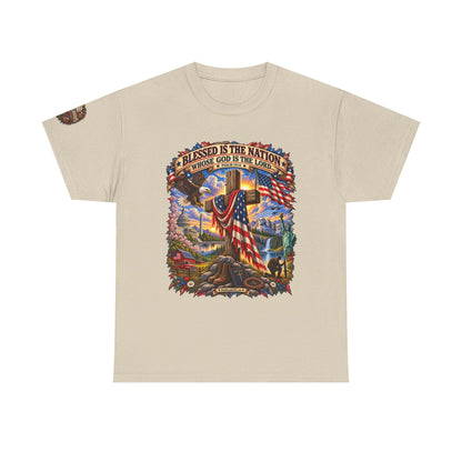 Blessed Is the Nation –  Graphic T-Shirt | Front Print + Sleeve Logo