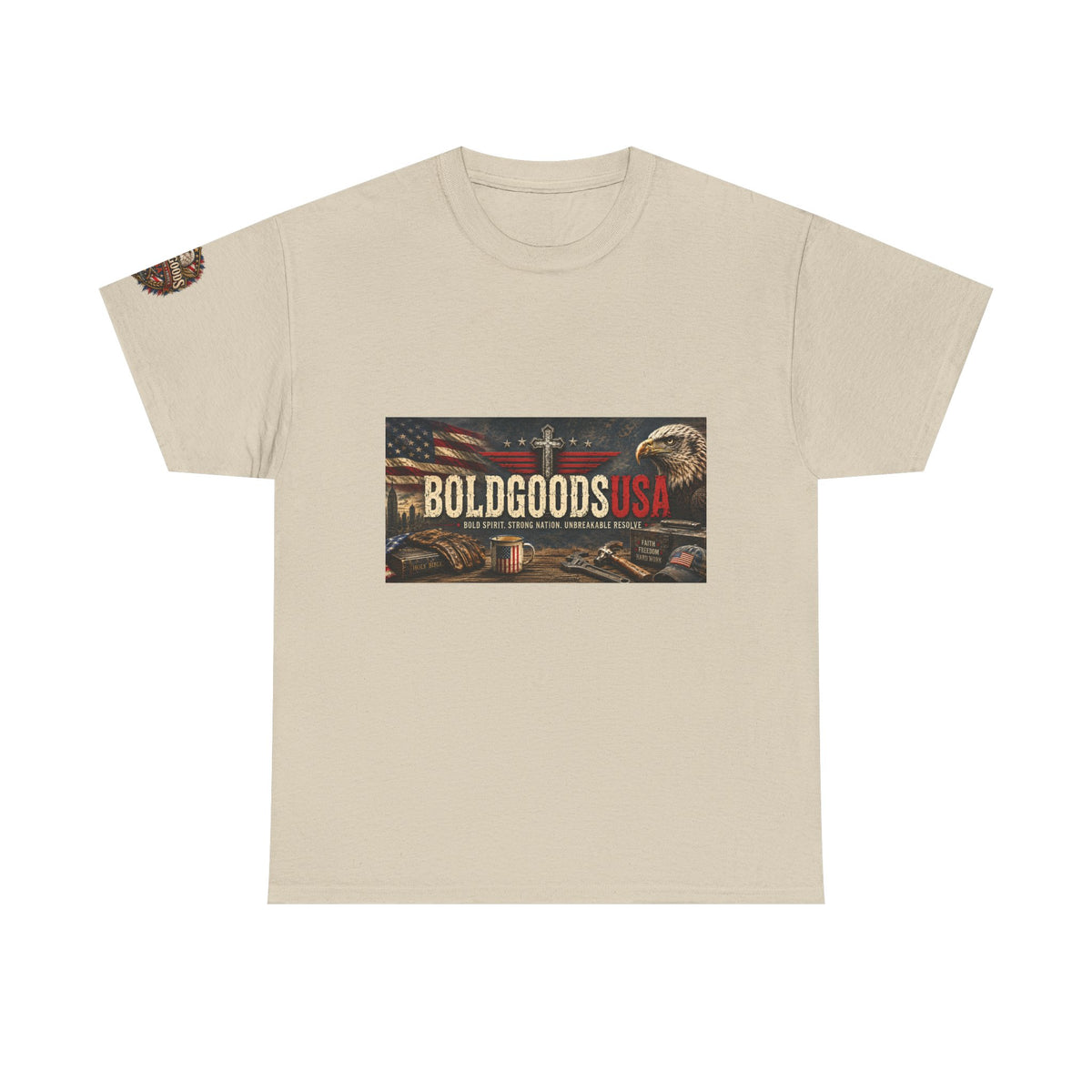 BoldGoods Faith, Freedom & America – Christian Patriotic Graphic T-Shirt | Front Print + Sleeve Logo