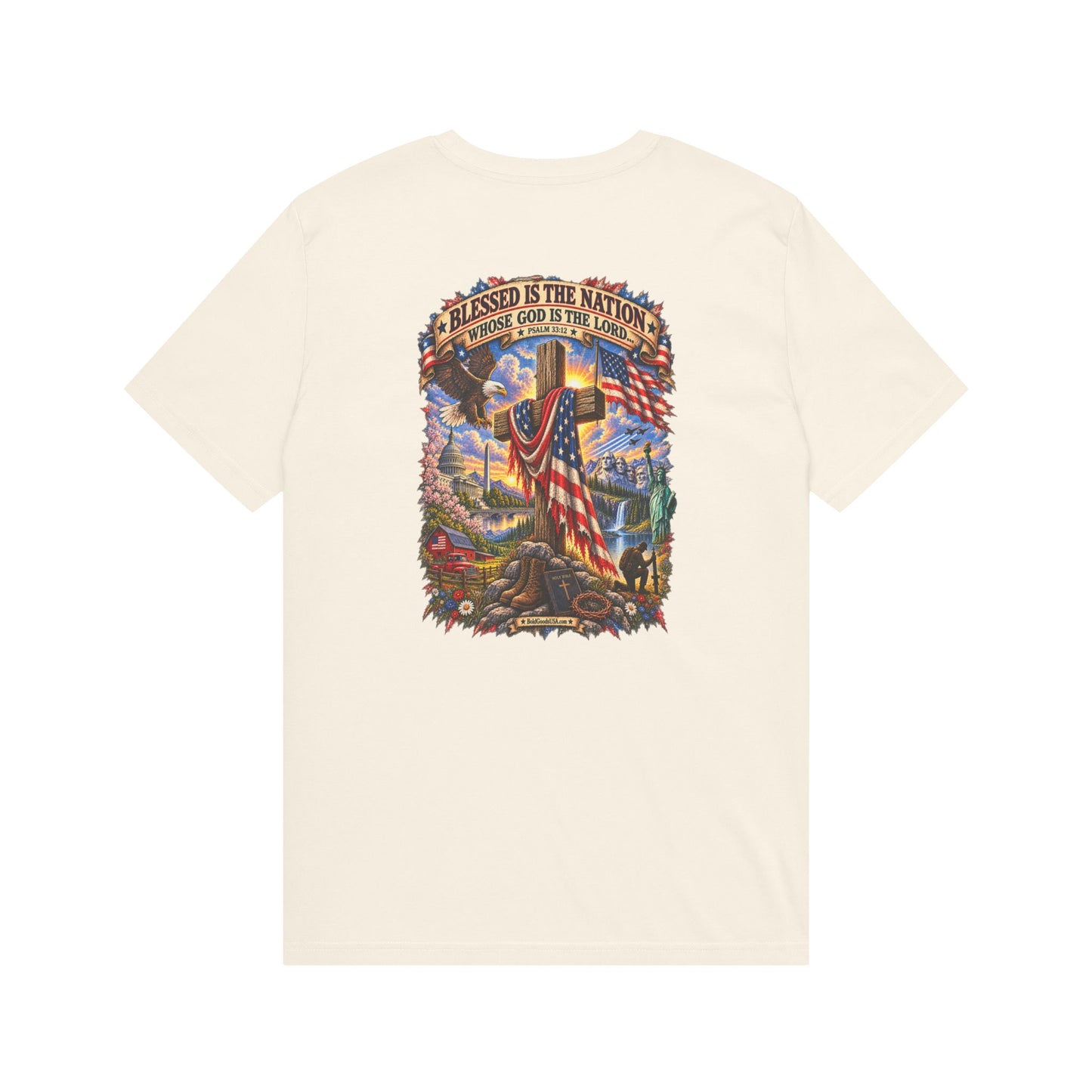 Blessed Is The Nation – Christian Patriotic Graphic T-Shirt | Back Print + Chest Logo