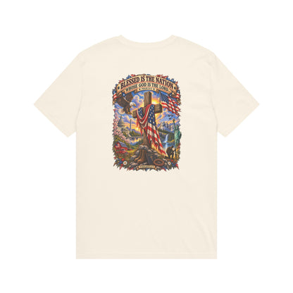 Blessed Is The Nation – Christian Patriotic Graphic T-Shirt | Back Print + Chest Logo