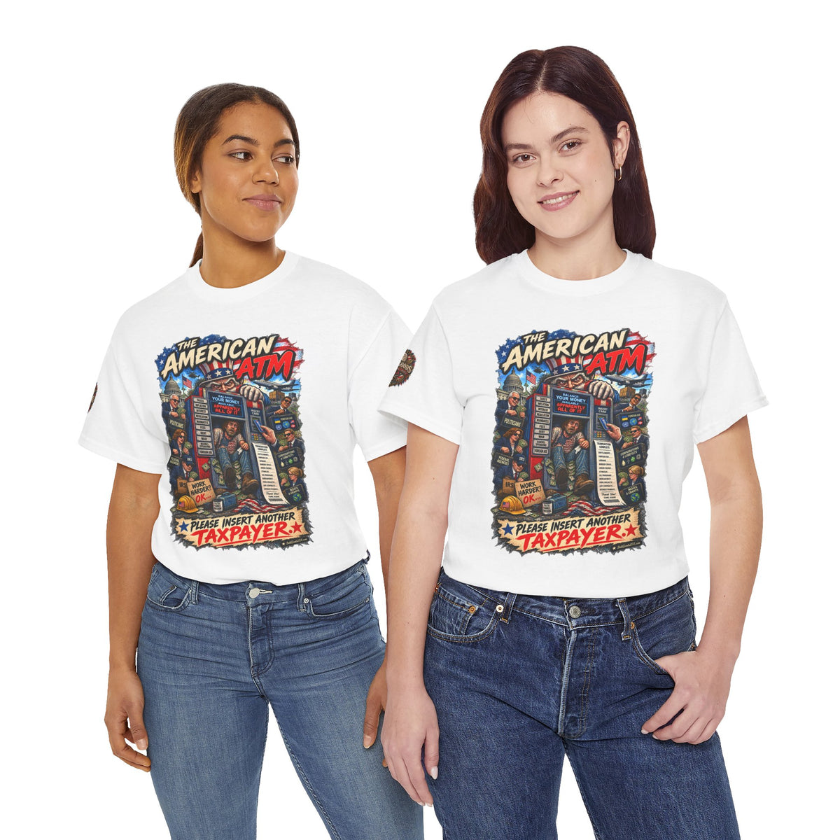 The American ATM - Political Satire Graphic T-Shirt | Front Print + Sleeve Logo