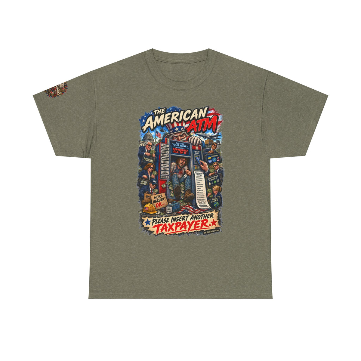 The American ATM - Political Satire Graphic T-Shirt | Front Print + Sleeve Logo
