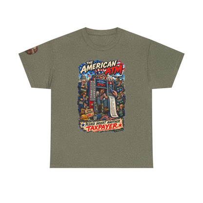 The American ATM - Political Satire Graphic T-Shirt | Front Print + Sleeve Logo