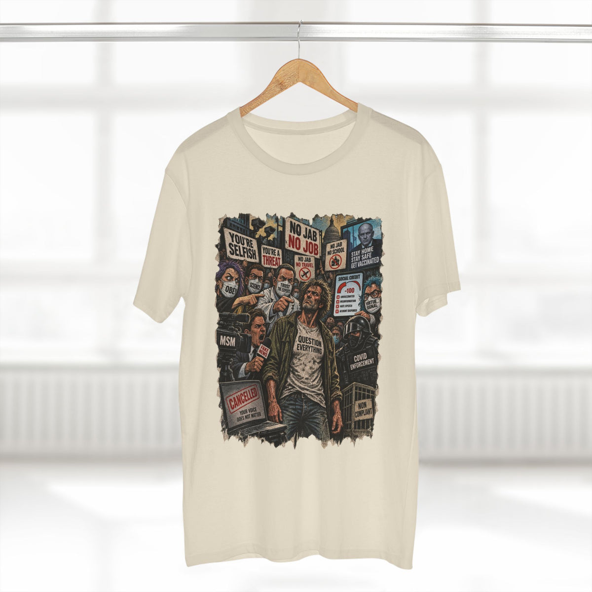 Question Everything – Political Satire Graphic T-Shirt | Front Print