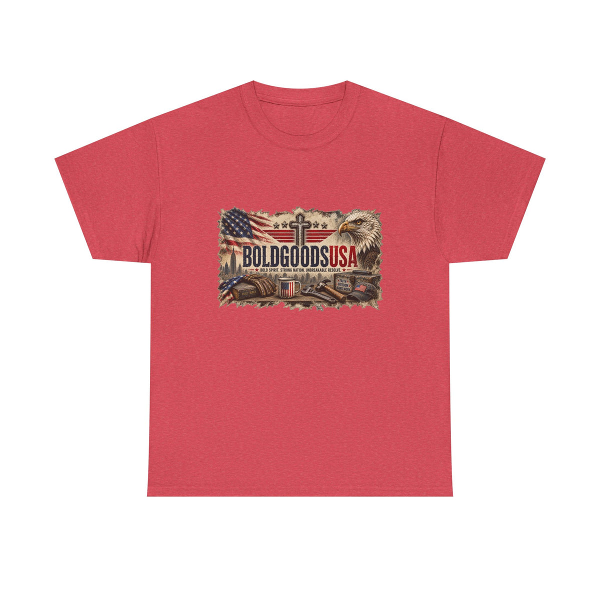 BoldGoods Faith, Freedom & America – Christian Patriotic Graphic T-Shirt | Front Print + Sleeve Logo