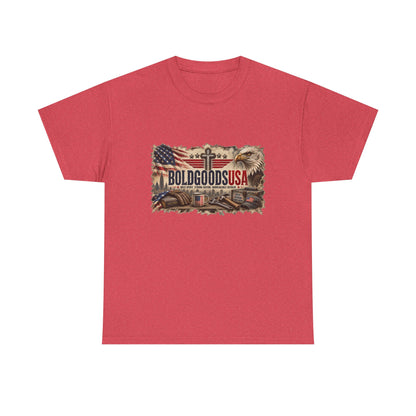 BoldGoods Faith, Freedom & America – Christian Patriotic Graphic T-Shirt | Front Print + Sleeve Logo