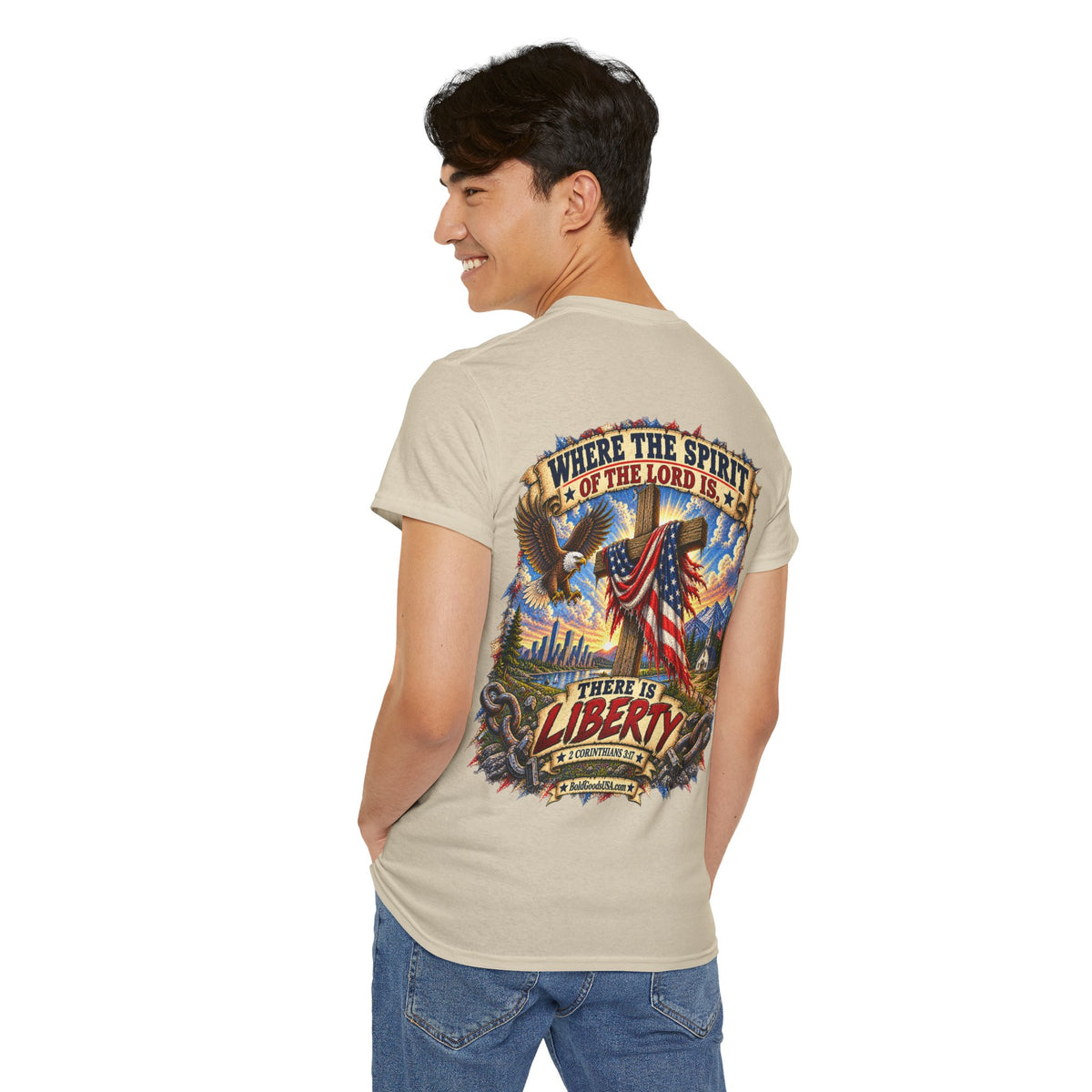 Where the Spirit of the Lord Is, There Is Liberty – Christian Graphic T-Shirt | Back Print + Chest Logo