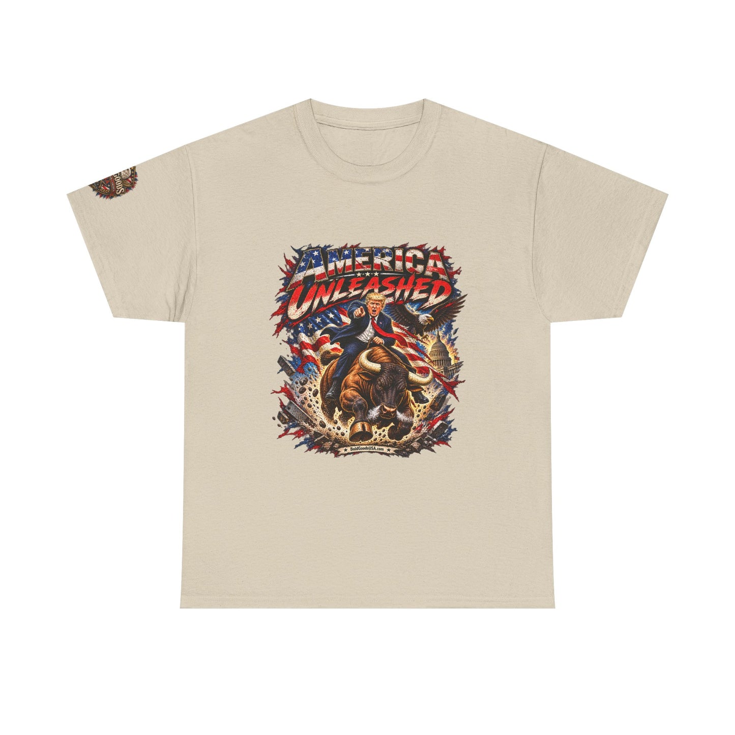America Unleashed – Patriotic Graphic T-Shirt | Front Print + Sleeve Logo