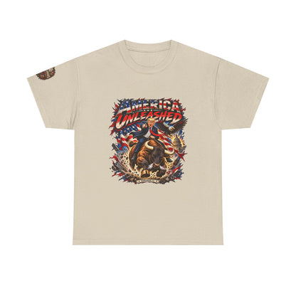America Unleashed – Patriotic Graphic T-Shirt | Front Print + Sleeve Logo