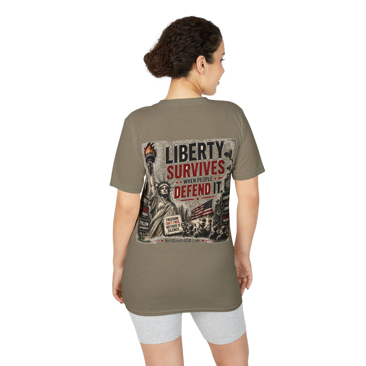 Liberty Survives When Defended – Patriotic Freedom Graphic T-Shirt | Back Print + Sleeve Logo