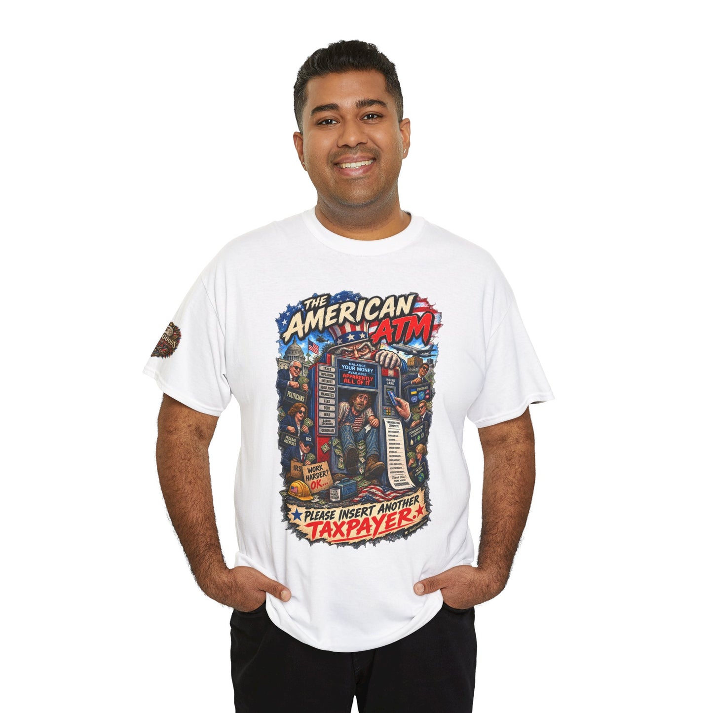 The American ATM - Political Satire Graphic T-Shirt | Front Print + Sleeve Logo