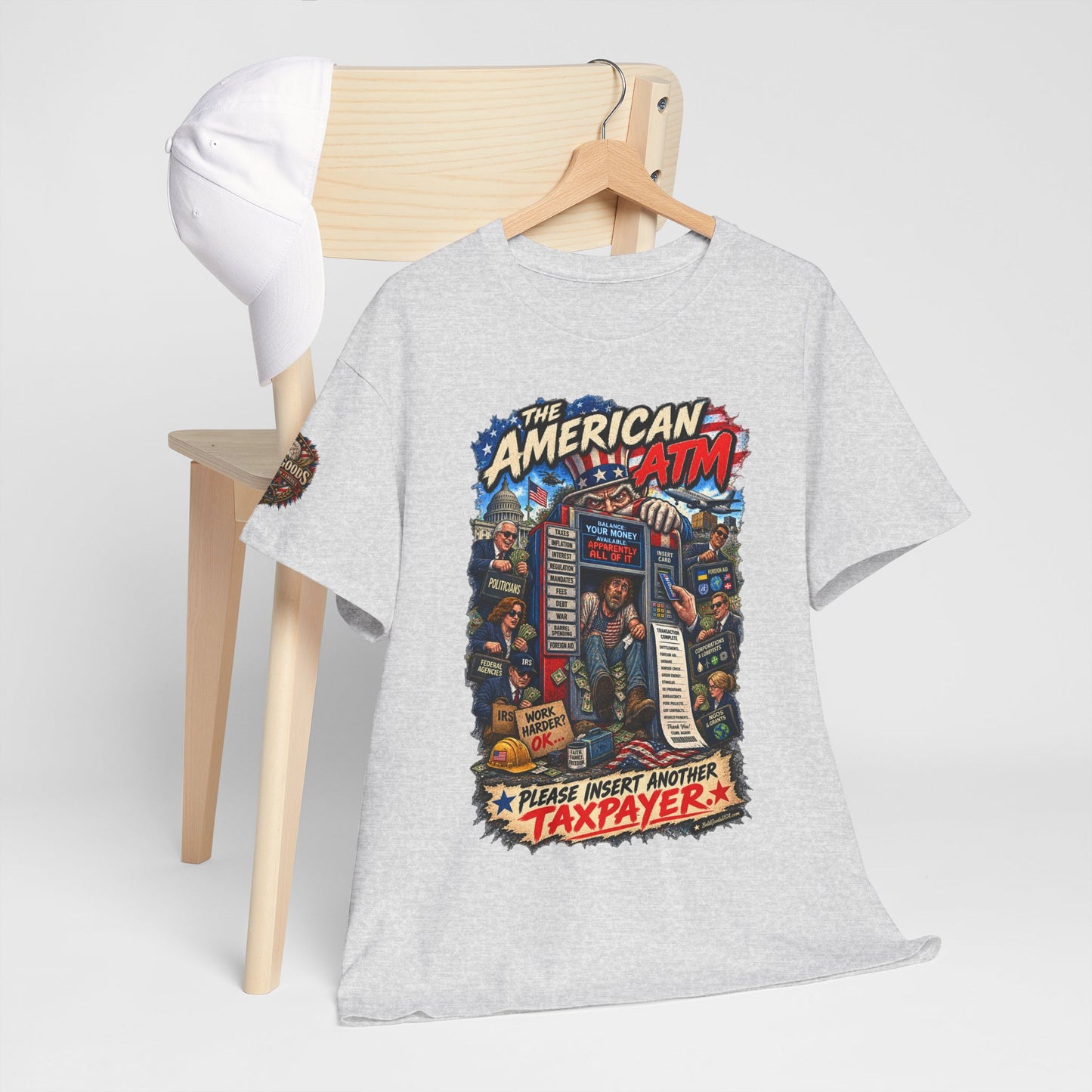 The American ATM - Political Satire Graphic T-Shirt | Front Print + Sleeve Logo