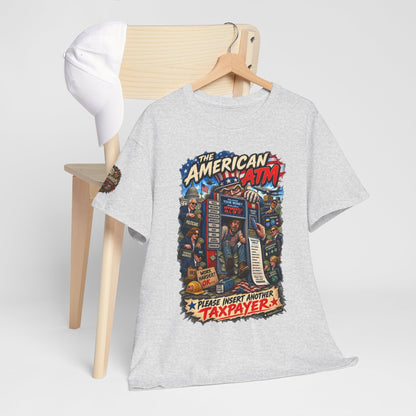 The American ATM - Political Satire Graphic T-Shirt | Front Print + Sleeve Logo