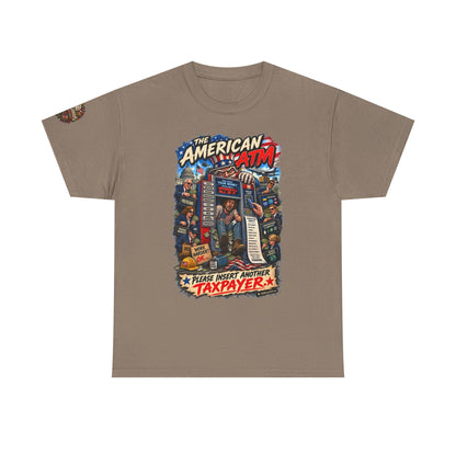 The American ATM - Political Satire Graphic T-Shirt | Front Print + Sleeve Logo