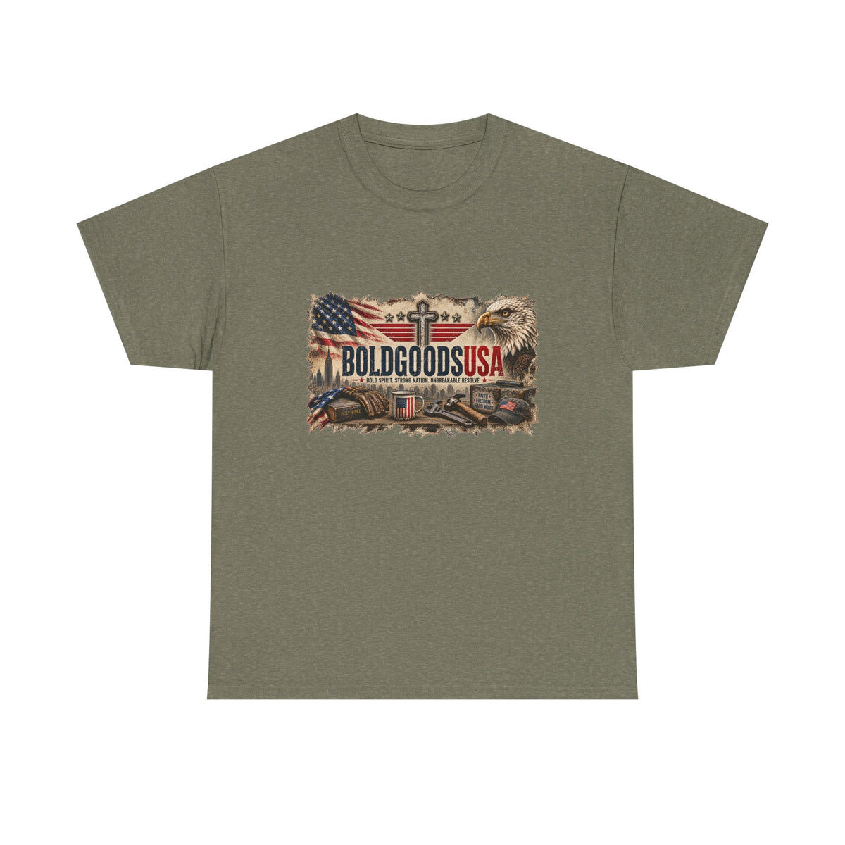 BoldGoods Faith, Freedom & America – Christian Patriotic Graphic T-Shirt | Front Print + Sleeve Logo