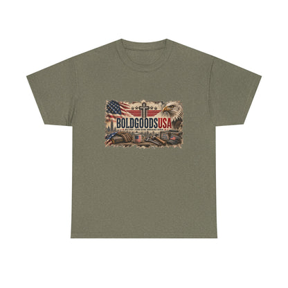 BoldGoods Faith, Freedom & America – Christian Patriotic Graphic T-Shirt | Front Print + Sleeve Logo