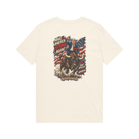 Make America Strong Again - Political Satire Graphic T-Shirt | Back Print + Chest Logo