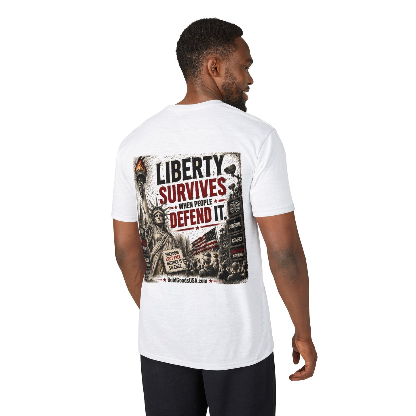 Liberty Survives When Defended – Patriotic Freedom Graphic T-Shirt | Back Print + Sleeve Logo