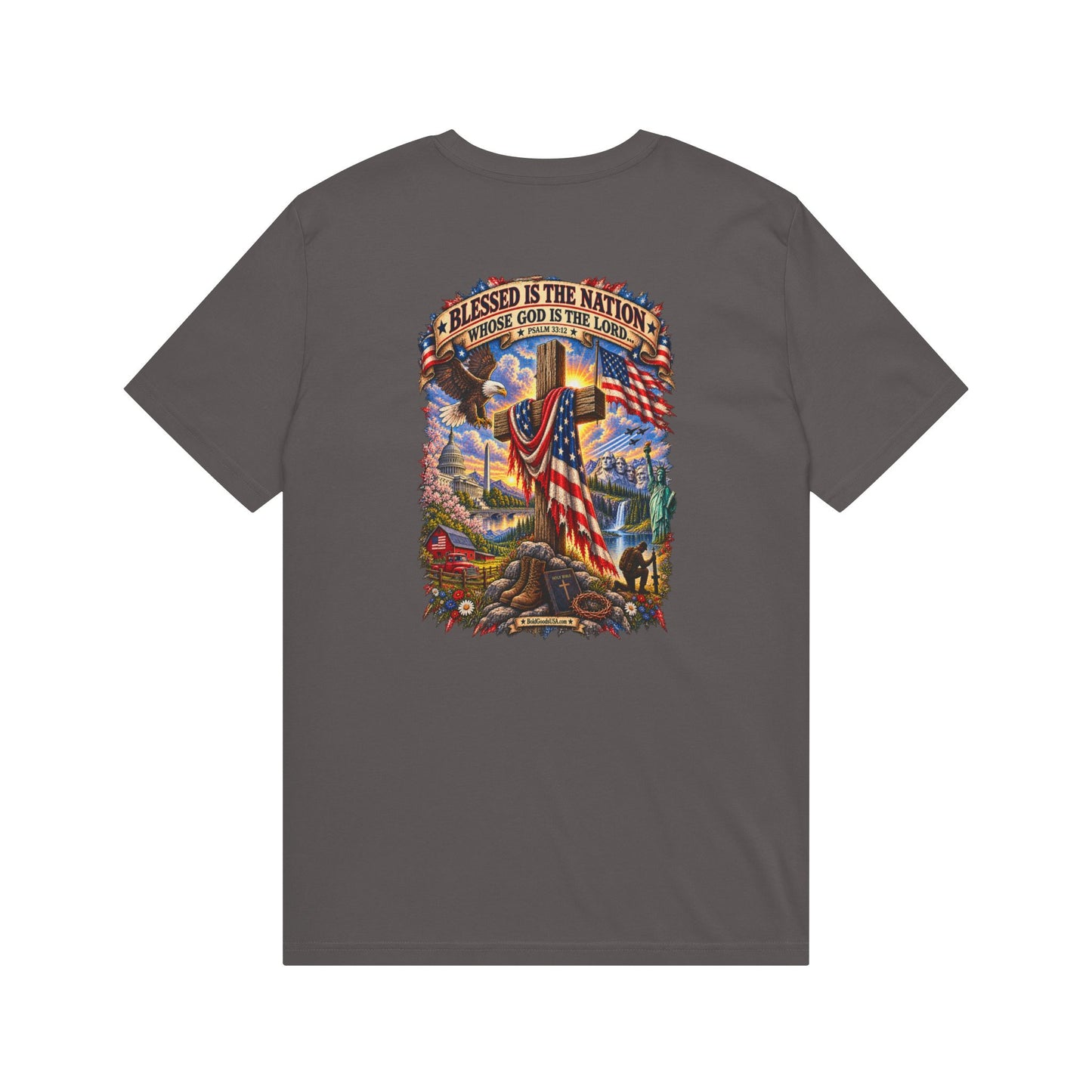 Blessed Is The Nation – Christian Patriotic Graphic T-Shirt | Back Print + Chest Logo