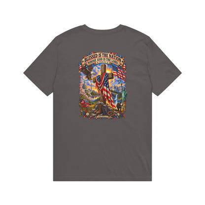 Blessed Is The Nation – Christian Patriotic Graphic T-Shirt | Back Print + Chest Logo