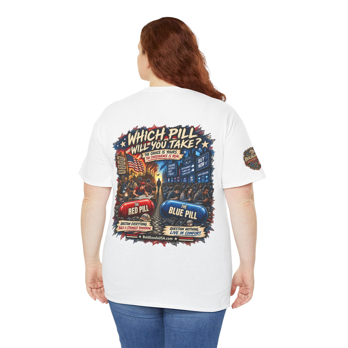 Blue or Red Pill - Graphic T-Shirt | Back Print + Sleeve Logo