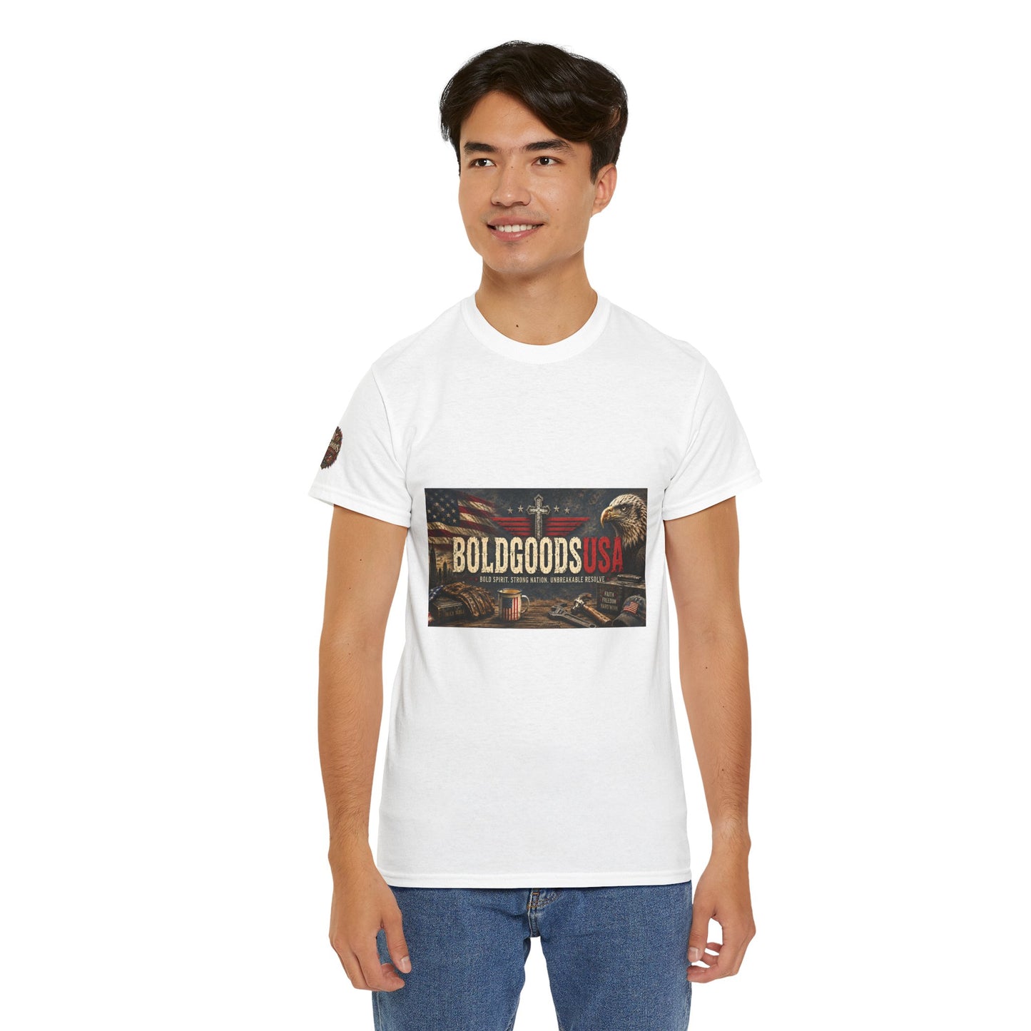 BoldGoods Faith, Freedom & America – Christian Patriotic Graphic T-Shirt | Front Print + Sleeve Logo