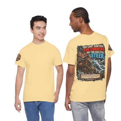 You Can't Control the Current - Graphic T-Shirt | Back Print + Sleeve Logo