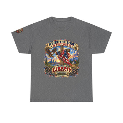 Where the Spirit of the Lord Is… There Is Liberty – Christian Patriotic Graphic T-Shirt | Front Print + Sleeve Logo
