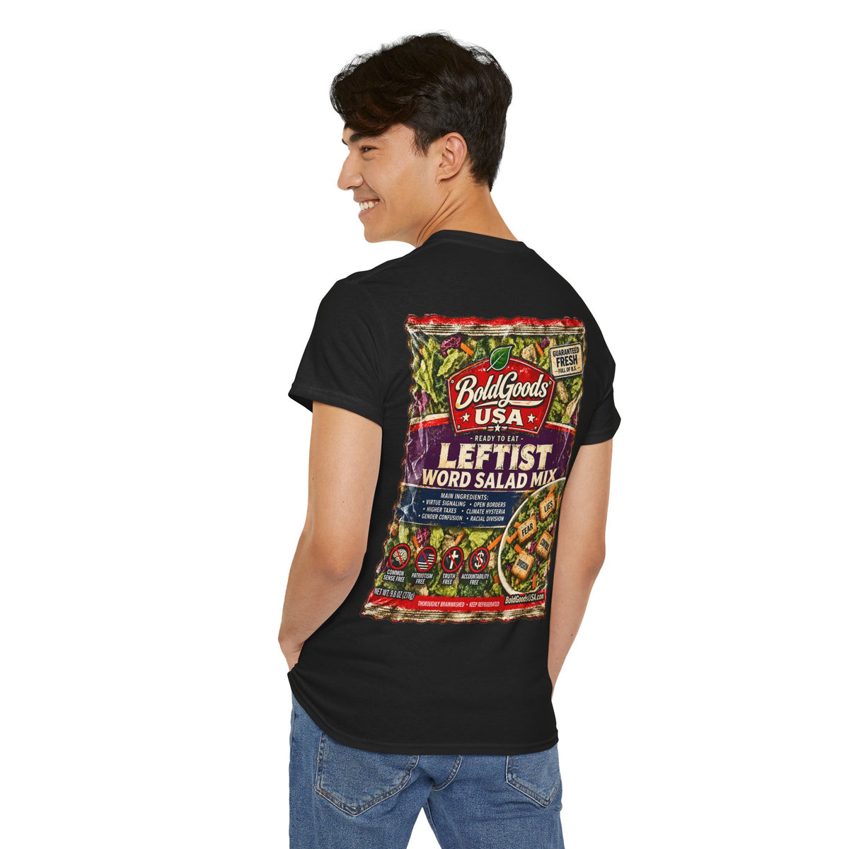 Leftist Word Salad – Political Satire Graphic T-Shirt | Back Print + Chest Logo