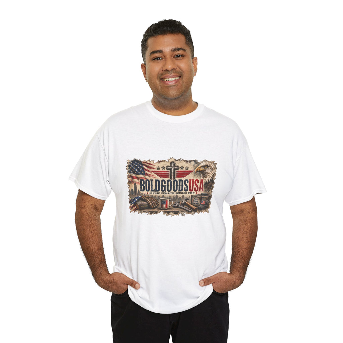 BoldGoods Faith, Freedom & America – Christian Patriotic Graphic T-Shirt | Front Print + Sleeve Logo