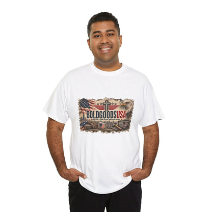 BoldGoods Faith, Freedom & America – Christian Patriotic Graphic T-Shirt | Front Print + Sleeve Logo