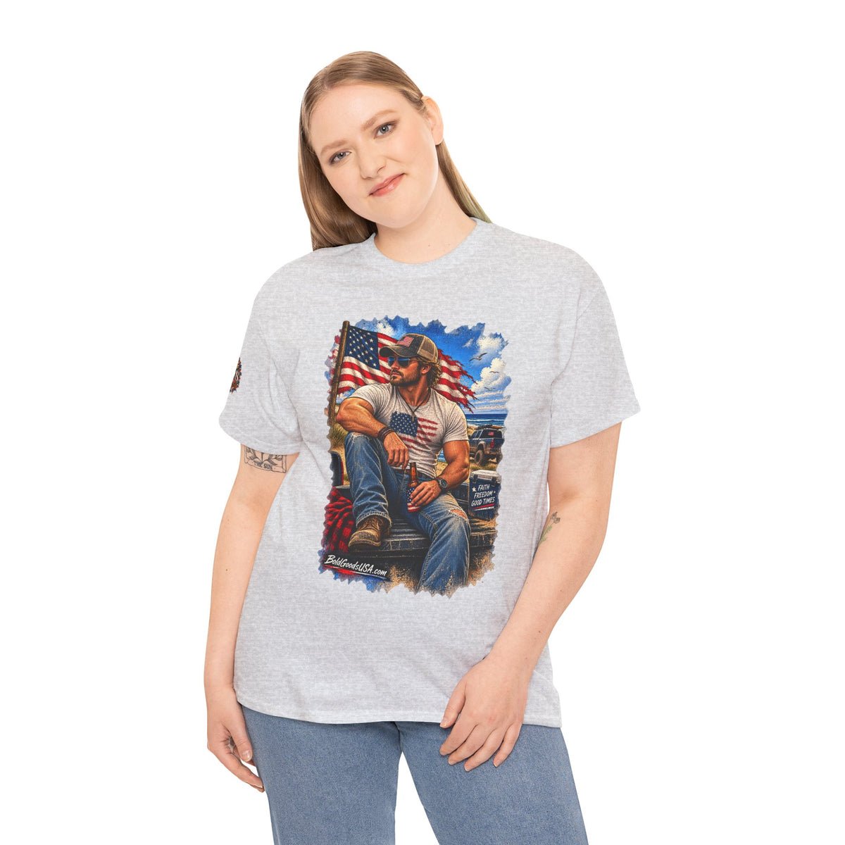 American Patriot Graphic T-Shirt | Front Print + Sleeve Logo
