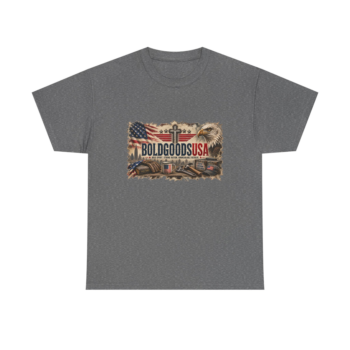 BoldGoods Faith, Freedom & America – Christian Patriotic Graphic T-Shirt | Front Print + Sleeve Logo