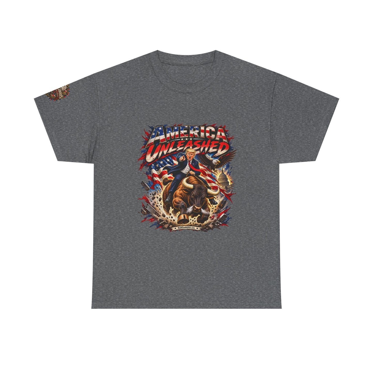 America Unleashed – Patriotic Graphic T-Shirt | Front Print + Sleeve Logo