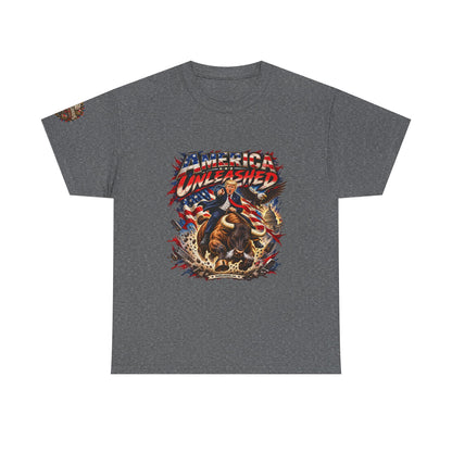 America Unleashed – Patriotic Graphic T-Shirt | Front Print + Sleeve Logo