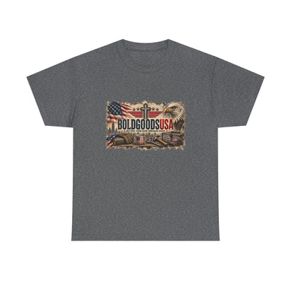 BoldGoods Faith, Freedom & America – Christian Patriotic Graphic T-Shirt | Front Print + Sleeve Logo