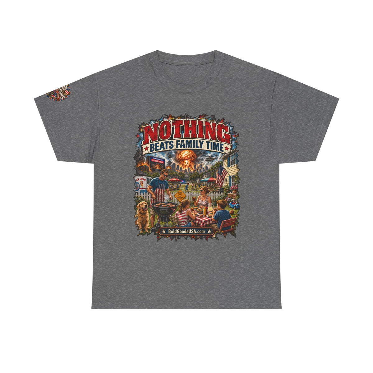 Nothing Beats Family Time – Front Print + Sleeve Logo T-Shirt