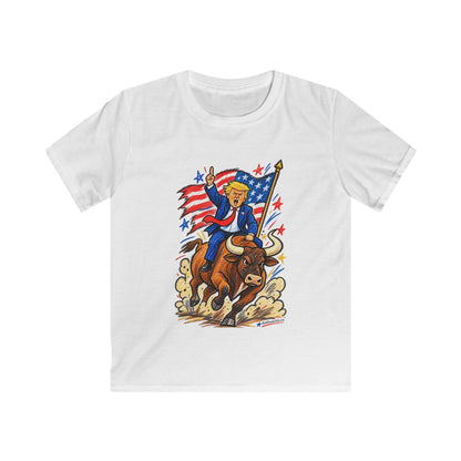 Patriot Riding a Bull – Patriotic Graphic Kids' T-Shirt | Front Print