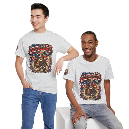 America Unleashed – Patriotic Graphic T-Shirt | Front Print + Sleeve Logo