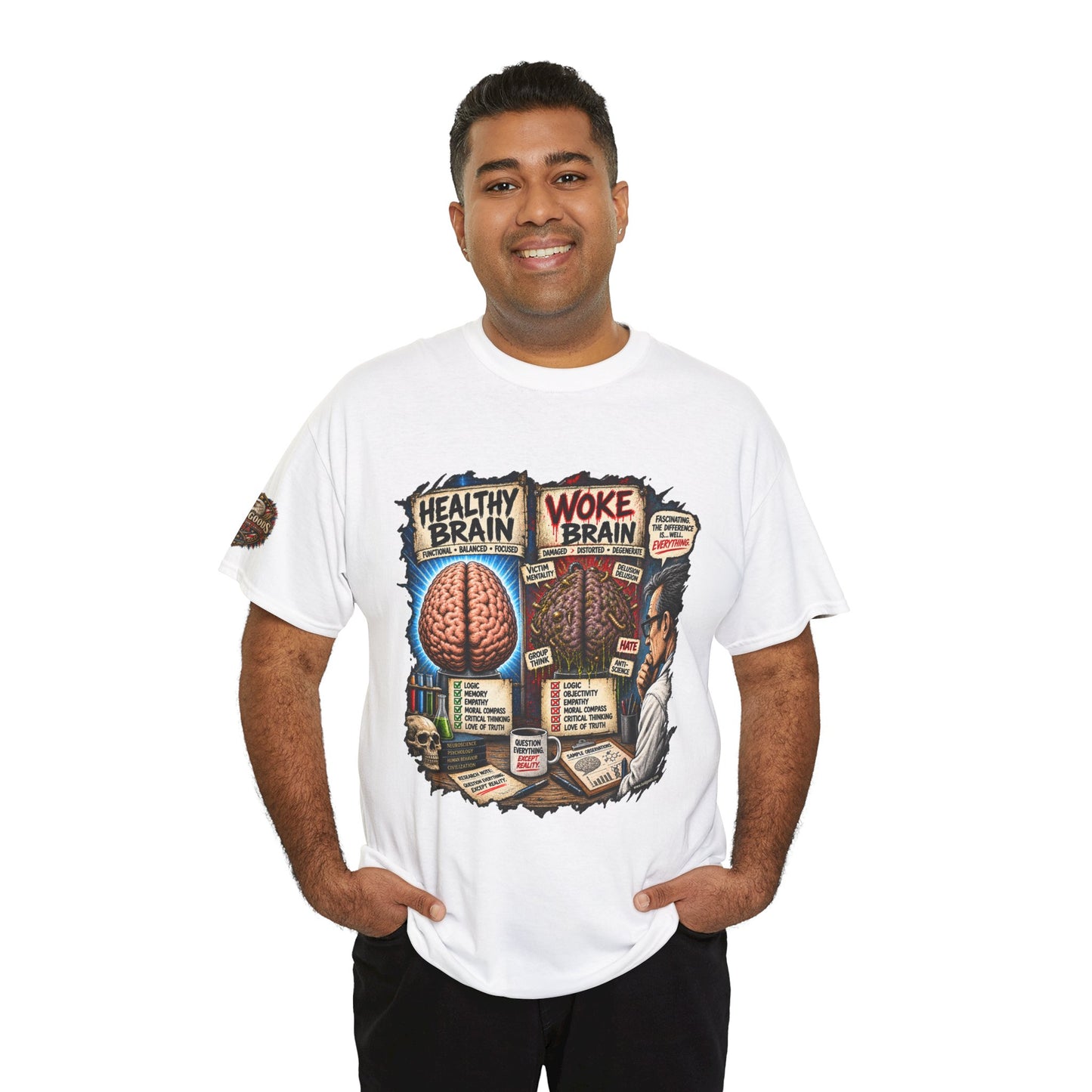 Woke Brain – Political Satire Graphic T-Shirt | Front Print + Sleeve Logo