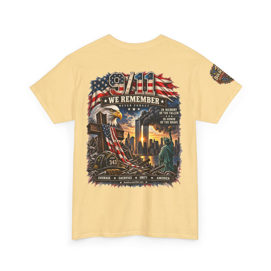 9/11 - We Remember, Never Forget — Memorial T-Shirt | Back Print + Sleeve Logo